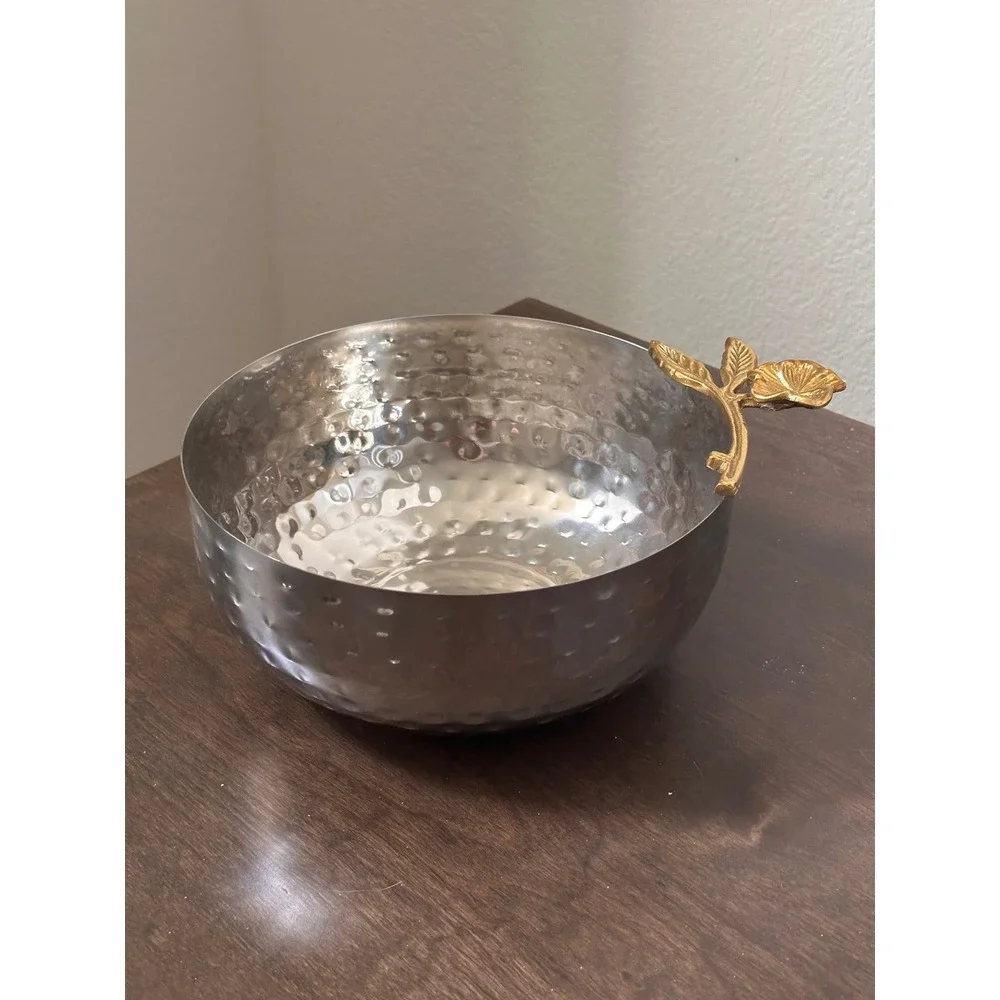 Hammered Stainless Steel Serving Bowl Gold Flower Handle Silver Made in India